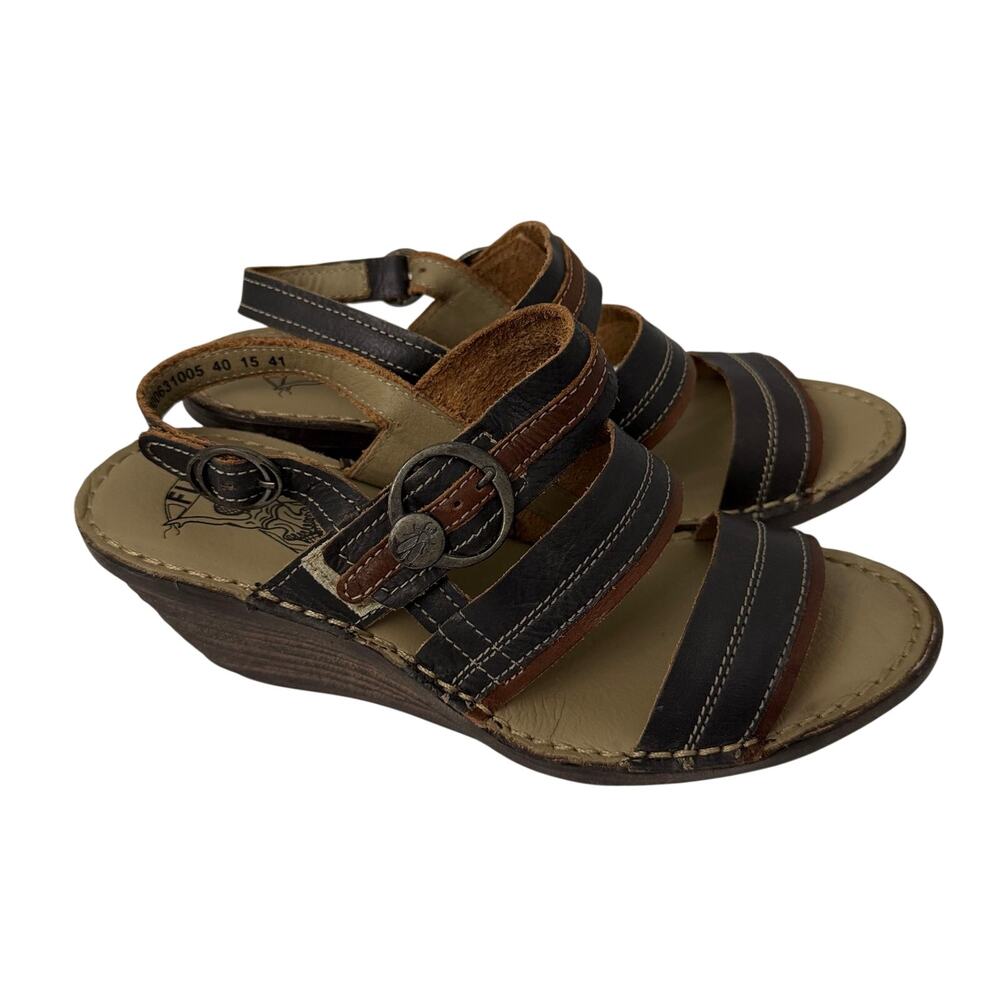 Fly London Salm Sandals Womens Size 9 Two Tone Leather Wedge Brown Black 40